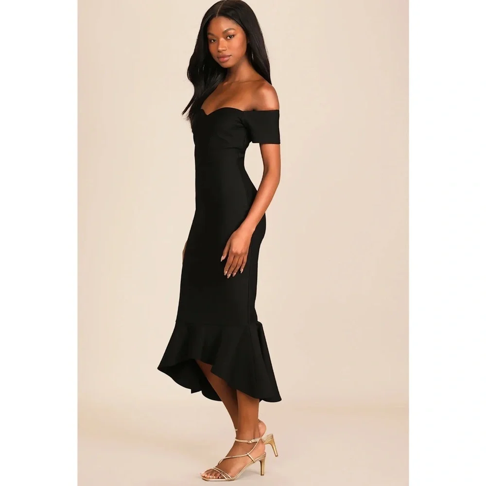 NWOT Lulu’s How Much I Care Black Off-the-Shoulder Midi Dress Medium Bodycon